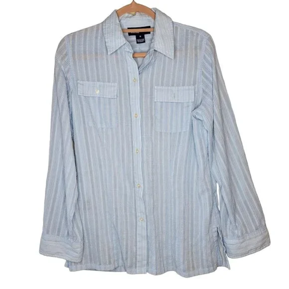 Jones New York Powder Blue Rolled Sleeve Sheer Searsucker Blouse Women Size M - Picture 1 of 12